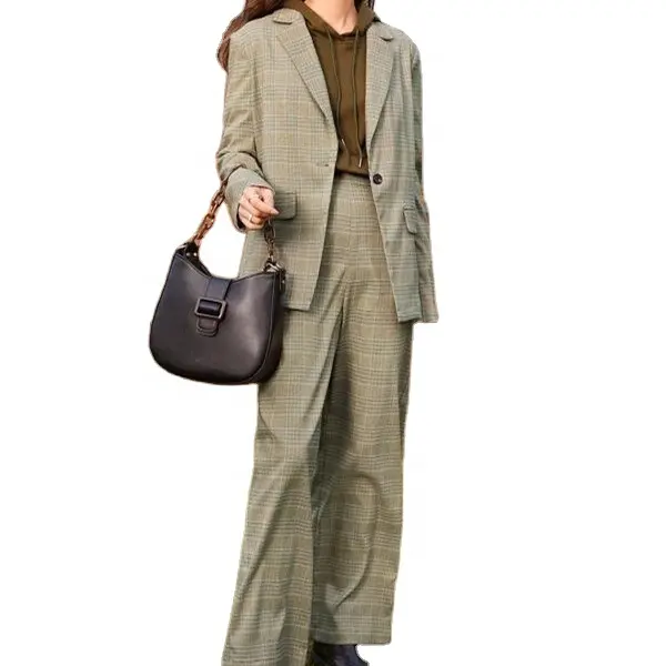 Custom Casual Formal Wholesale Jacket Blazers Ladies Polyester Check Plaid Single Button Flap Elegant Women   Pant Set