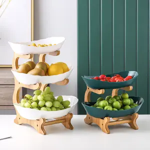 European Double Layer fruit plate creative PP plate with bamboo stand Modern Dried Fruit Dish
