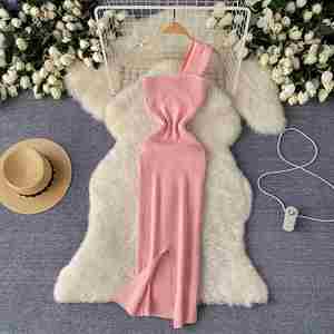 Vestido maxi casual de verano Y2K con abertura asimétrica, de punto, ecológico, transpirable, acrílico, corte A, para mujer, con cintura natural y encaje. - Product Image 4