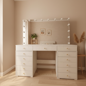Table de toilette moderne de luxe en bois avec miroir LED réglable et design à panneaux pour chambre à coucher, maison, hôtel - Product Image 1