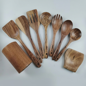 Juego de Utensilios de Madera Mortok de 9 Piezas, Tallados a Mano, Ecológicos, Aptos para Lavavajillas, Ligeros, Cucharas, Espátulas, Tenedores, Herramientas de Cocina - Product Image 1