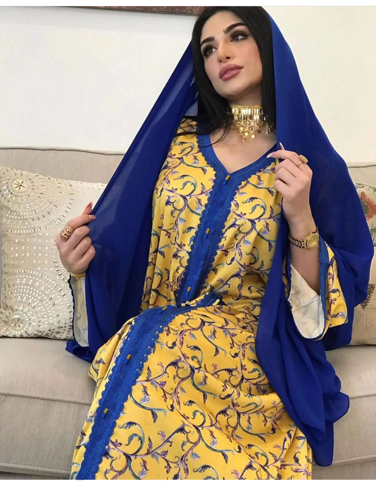 FURUI New Abaya Dress Paisley Pattern Màu Vàng Dress Với Dài Tay Áo Cho Phụ Nữ Hồi Giáo Ả Rập Dubai Thời Trang Quần Áo