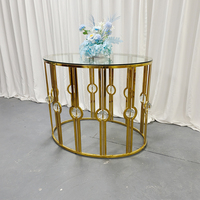 Meubles de mariage, table à manger avec plateau en verre transparent, comptoir de bar à café ovale doré pour la décoration d'événements et de fêtes