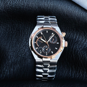 Montre chronographe style 47450, indicateur jour/nuit, double fuseau horaire, boîtier en or rose, cadran noir, montre de sport de luxe avec bracelet intégré - Product Image 3