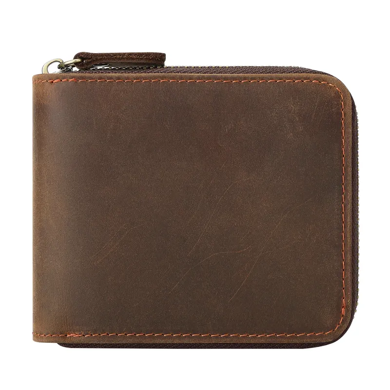 Wholesale Custom Classic Vintage Crazy Cow Leather men's business wallet Retro Zipper Coin Pocket Wallet for Men