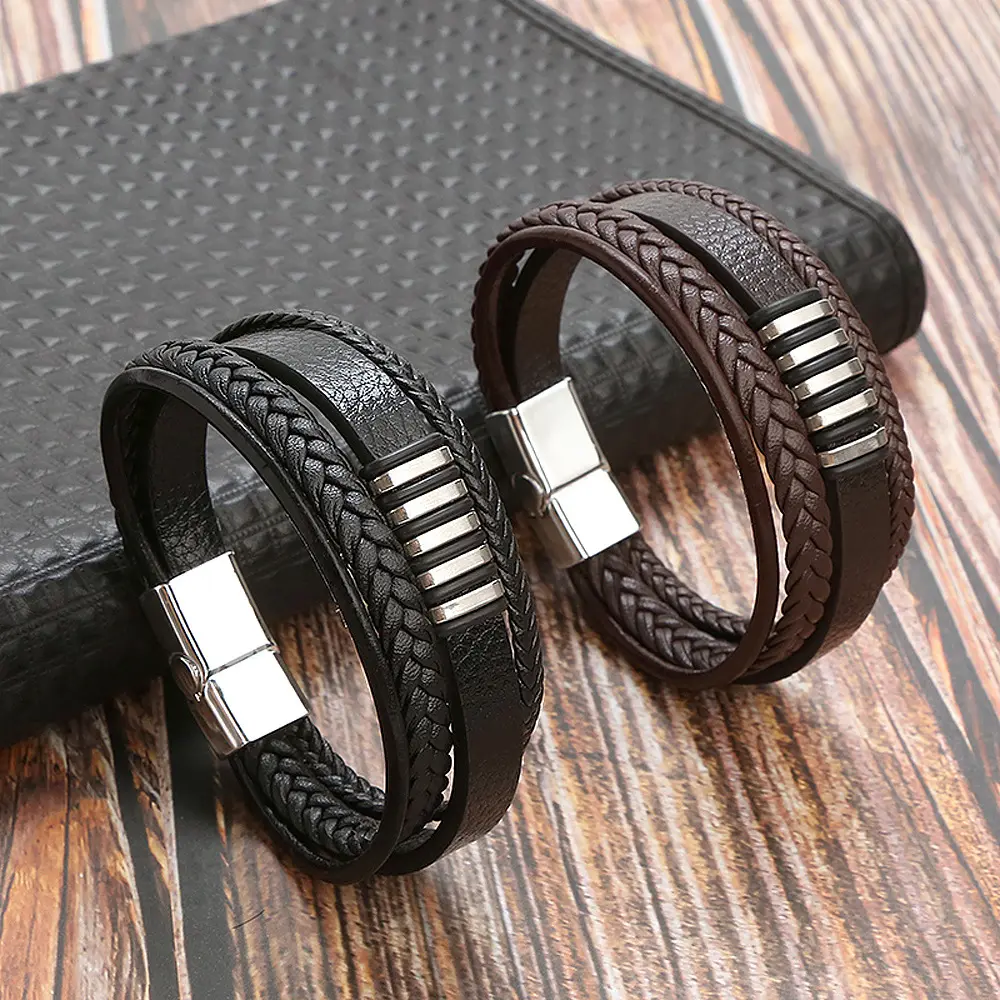 Bracelet minimaliste en cuir pour homme, résistant et protecteur, en acier inoxydable