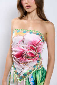 Logotipo personalizado sin tirantes estampado floral satén <span class=keywords><strong>fruncido</strong></span> Tops y bolsillos laterales pantalones de pierna ancha conjuntos de 2 piezas conjuntos de mujer - Product Image 5