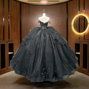 Abito da donna in <span class=keywords><strong>pizzo</strong></span> con perline a fiori 3D con fiori di cristallo Losangeles abito da ballo <span class=keywords><strong>nero</strong></span> di Design reale bohémien per donna - Product Image 2