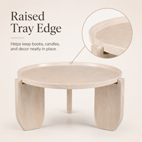 Table basse surélevée en oxyde de magnésium aspect travertin avec plateau rond et support à 3 points pour salon et décoration intérieure