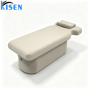 Cama de masaje eléctrica de doble motor Kisen, ideal para salones de belleza, con respaldo ajustable en altura y almacenamiento de madera - Product Image 1