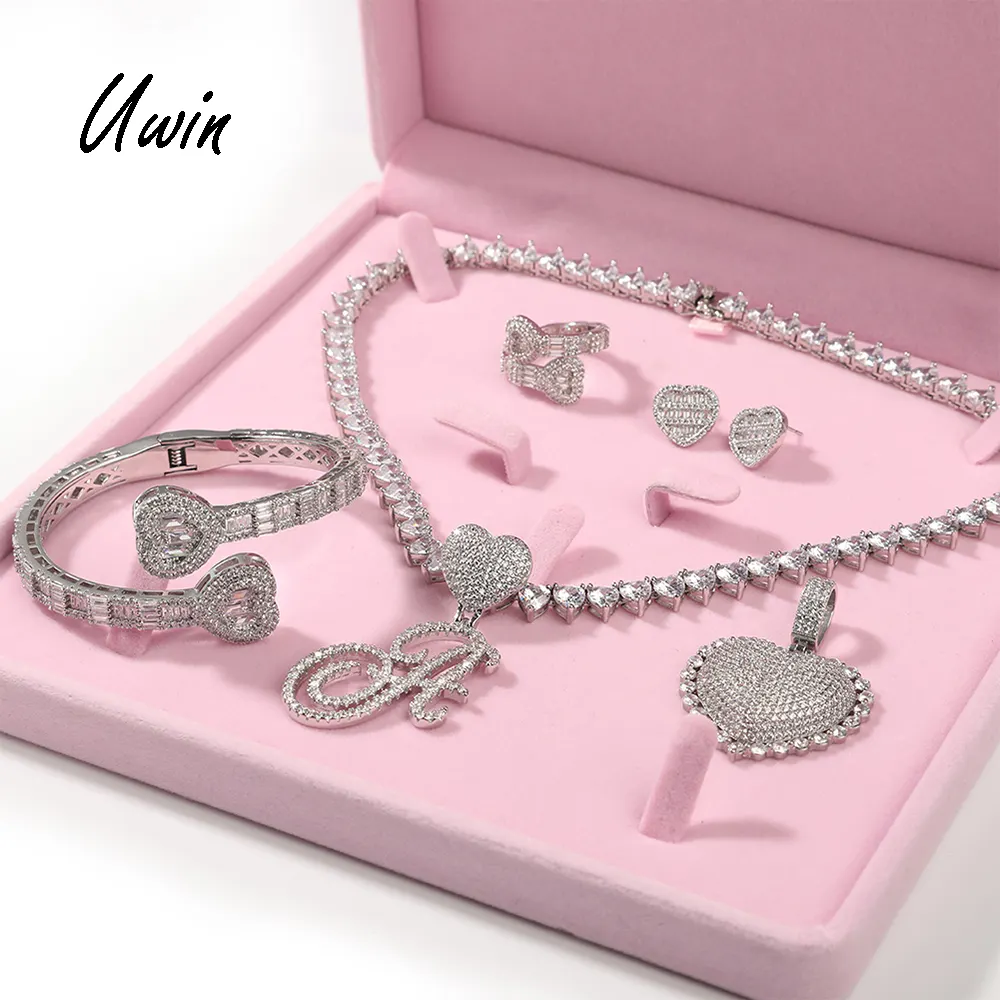 UWIN Fashion Jewelry Set CZ Love Ring Bracelet Heart Shaped Letter Pendant Necklace Gifts Hip Hop Jewelries For Women