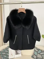 Poncho en tricot avec col en vraie fourrure de renard et de raton laveur, pour femme, manches courtes, vêtement d'extérieur chaud pour le bureau, automne-hiver