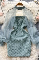 Robe midi élégante à manches lanternes en maille transparente, style halter, moulante, pour les soirées printemps-été et les vacances