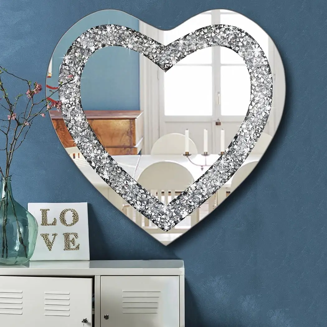 Crystal Crush Diamond Heart Shaped Silver Mirror Silver Frameless Glass Stainless Steel Chain for Wall Decoration