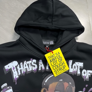 Mode Musim Gugur Musim Dingin Baru, Sweatshirt Berkerudung Klasik dengan Cetakan Kartun Hitam, Pullover dengan Tulisan 'THAT'S AWFUL LOT of COUGH SYRUP' untuk Pria - Product Image 3