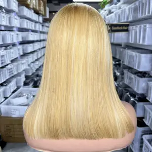 goodluck 13x4 transparent full 613 piano peruvian highlight 14 inch bob style human hair wig with frontal lace moins cher