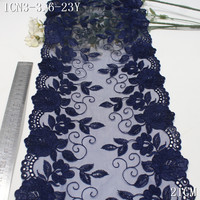 Dentelle brodée en tulle doux bleu marine de 21 cm avec bordure en maille pour la fabrication de lingerie haut de gamme, sous-vêtements et culottes