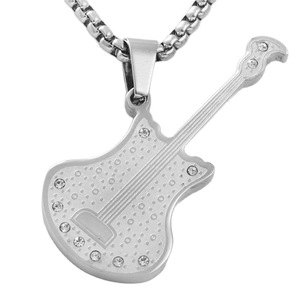 Titanium Steel <b>Guitar</b> Pendant With Rhinestones Retro Punk Style Necklace For Men And Women Everyday Wear - Product Image 1