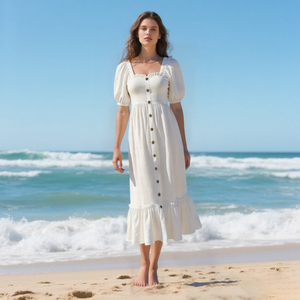 Váy mùa hè cho phụ nữ 2025 Midi flowy Ruffle Ngắn Tay Áo Vuông Cổ tầng bãi biển ăn mặc với nút - Product Image 3