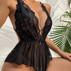 Factory Price Erotic Temptation Backless Sleepwear Sexy Lace Transparent Deep V-neck Lingerie For Women