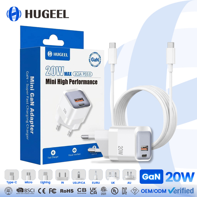 Wholesale Mini 20W GaN Charger Type-C Chargers PD Fast Charging CE GS BIS KC USB-C Adapter Charger for Phone Charging Cable Kit