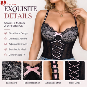 Schmal geschnittenes Bustier mit gepolstertem Oberteil, schwarzes Spitzenkorsett für Partykleidung - Product Image 6