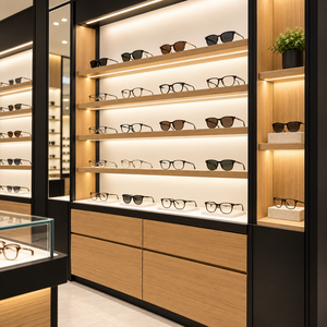 Vitrines de magasin d'optique modernes, éclairage LED simple, étagères à lunettes écologiques, mobilier sur mesure, design d'intérieur - Product Image 1
