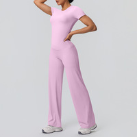 Combinaison de yoga TongJoes à manches courtes et jambes larges, respirante, en spandex/nylon brossé double face, pour l'entraînement, la course à pied et le fitness