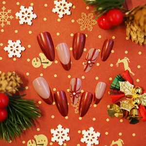 <span class=keywords><strong>Uñas</strong></span> Postizas Rojas <span class=keywords><strong>de</strong></span> Navidad con Punta Francesa Almendrada Mediana y Lazo, con Acento <span class=keywords><strong>de</strong></span> Perla, <span class=keywords><strong>Uñas</strong></span> Acrílicas Rojas Vino Brillantes para Mujer, Venta al por Mayor - Product Image 2