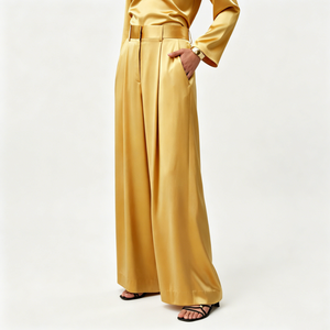 <span class=keywords><strong>Pantaloni</strong></span> Palazzo da Donna in Raso Color <span class=keywords><strong>Senape</strong></span> a Vita Alta, Gamba Larga, con Cintura, Eleganti per Feste Estive e Serate, Modello Fluido a Gamba Dritta - Product Image 2