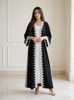 Abaya noire ouverte Hafizah en gros avec dentelle crochet blanche, robe musulmane pour femme, ouverture frontale, manches, style Dubaï, robe islamique modeste, Aïd