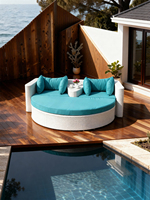 Canapé de salon sectionnel extérieur en rotin rond, salon de patio tissé blanc avec coussins turquoise, couleurs et styles personnalisés disponibles