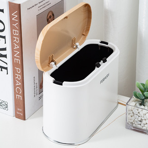 Feidash Wood Grain Lid Mini Desktop Wastebasket 4L Rectangular <b>Push</b> Button Storage Bucket For Home Office <b>Car</b> - Product Image 1