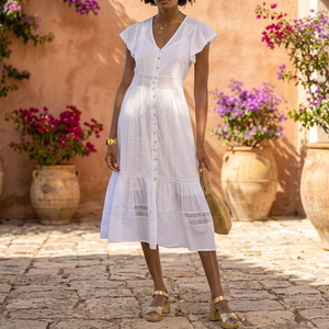 <b>White</b> V-Neck Cap Sleeve <b>Maxi</b> Woven Breathable Button Front A-Line Boho Casual Eco-Friendly Organic Cotton Modest Summer Dress - Product Image 3