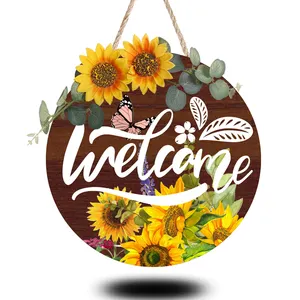 Sunflower Welcome Sign 11.8inches Rustic Sunflower Front Door Decor Round Wood Hanging Welcome Sign Farmhouse Porch