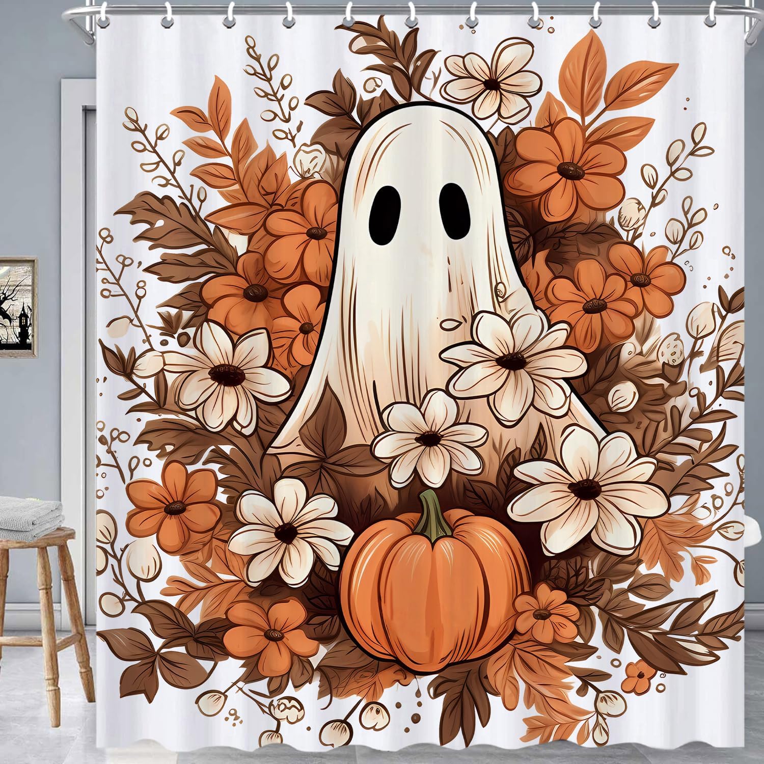 Halloween Ghost Pumpkin Shower Curtain Waterproof Fall Autumn Floral Bathroom Set Home Decor in Stock