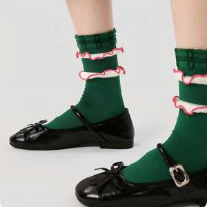 Nouvelles chaussettes pour femmes <span class=keywords><strong>vert</strong></span> émeraude à double volant, bordure rose, bout contrastant violet, chaussettes vintage extensibles et anti-humidité - Product Image 1