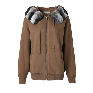 Nuove Felpe in Cotone Tinta Unita <span class=keywords><strong>con</strong></span> Cerniere e Colletto in Pelliccia di Coniglio Rex Staccabile per Donne - Product Image 2