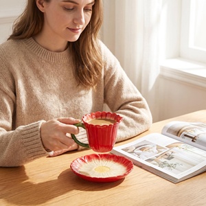 Juego de Taza y Platillo de Cerámica con Diseño de Flores Rojas en Degradado, Elegante Juego de Té de Porcelana Decorativa - Product Image 6
