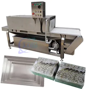 Separate tray machine Fish and shrimp frozen tray isolated in seafood processing factory