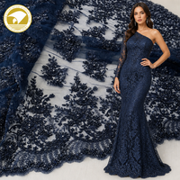 Tissu de dentelle bleu marine de luxe perlé et pailleté pour robes de mariée, haute qualité, lourd, avec bordures double face