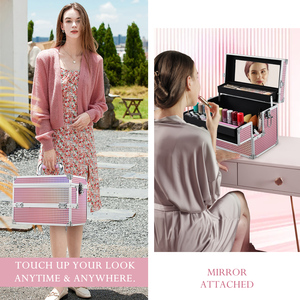 Professional <b>Makeup</b> <b>Case</b> with Mirror Large <b>Makeup</b> Train <b>Case</b> Travel Cosmetic Box Organizer with Trays Hard Beauty Storage Box - Product Image 5