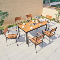 Ensemble de salle à manger de luxe empilable pour patio, 6 pièces, en aluminium, avec table en bois composite et 6 chaises en corde pour extérieur et jardin