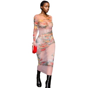 ชุดเดรสแม็กซี่รัดรูปแขนยาวพิมพ์ลายดอกไม้ผ้าเนื้อบาง - Product Image 1