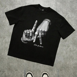 Camiseta Oversize de Streetwear con Hombros Caídos, Estampado Gráfico de Joyería de Diamantes con Gesto de Mano Hip Hop 'Code of Silence', Estilo Vintage Lavado - Product Image 2