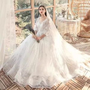 Gaun pengantin terlihat sederhana LY-WD0122, gaun pesta dansa leher V lengan setengah renda panjang lantai ukuran <span class=keywords><strong>Plus</strong></span> - Product Image 1