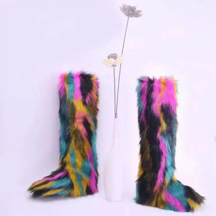 Novo colorido inverno neve botas para mulheres joelho botas altas Superstar atacado faux fox pele neve botas