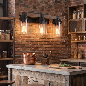 Modern 3-Light LED Vanity Light Matte Black Iron Frame with Oak Wood Accents Glass <strong>Shades</strong> E26 Socket Hotel <strong>Bathroom</strong> Wall <strong>Lamp</strong> - Product Image 6