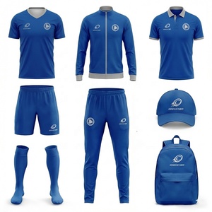 Nouvel ensemble d'entraînement de football classique bleu roi 2026 avec maillot, short, chaussettes, veste, polo, casquette et sac à dos à bordures grises - Product Image 1