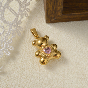 Collier fin à maillons en O en acier inoxydable 316L plaqué or 18 carats avec breloque en cristal rose en forme de cœur personnalisable et scintillante, motif ours en peluche - Product Image 5